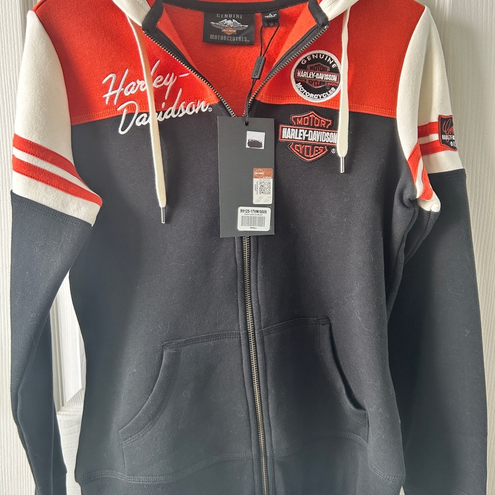 Harley-Davidson small never worn tags on Black-Orange Zip-Up color block Hoodie